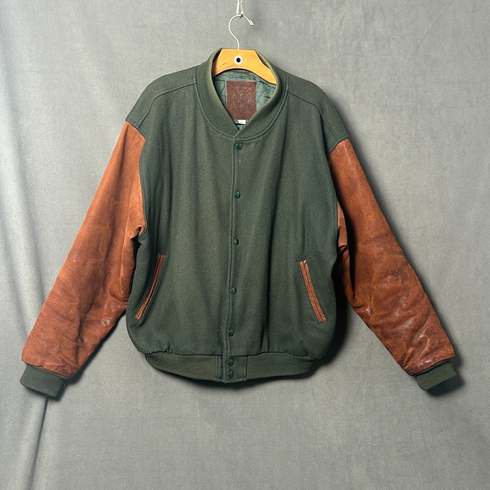 Vtg Golden Bear Pixar Green Leather Varsity Jacket Men's XL Wool Made in USA - Picture 2 of 13